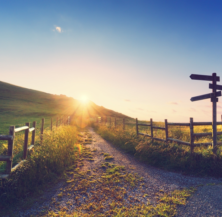 Sign and path at sunrise