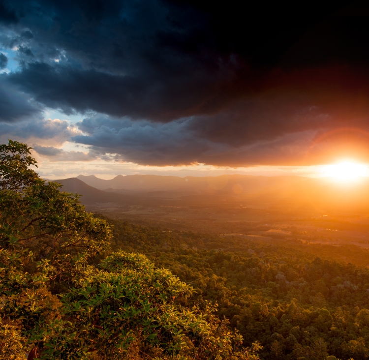 Image of sunset with storm clouds from Mount French, Queensland.